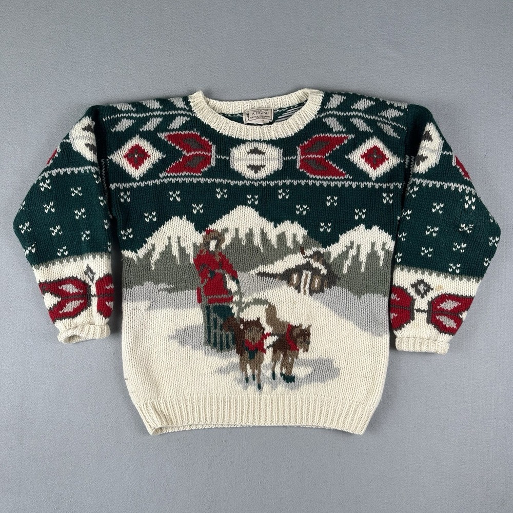 Vtg Eddie Bauer A Legend Sweater Large Dog Sled Cabin Wool Knit Nordic Pattern